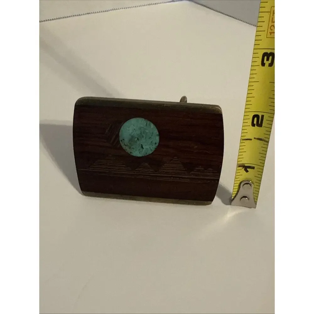 Vintage 70s 80s Brass Wood & Turquoise Inlay Double Moon Rise Scenic Belt Buckle